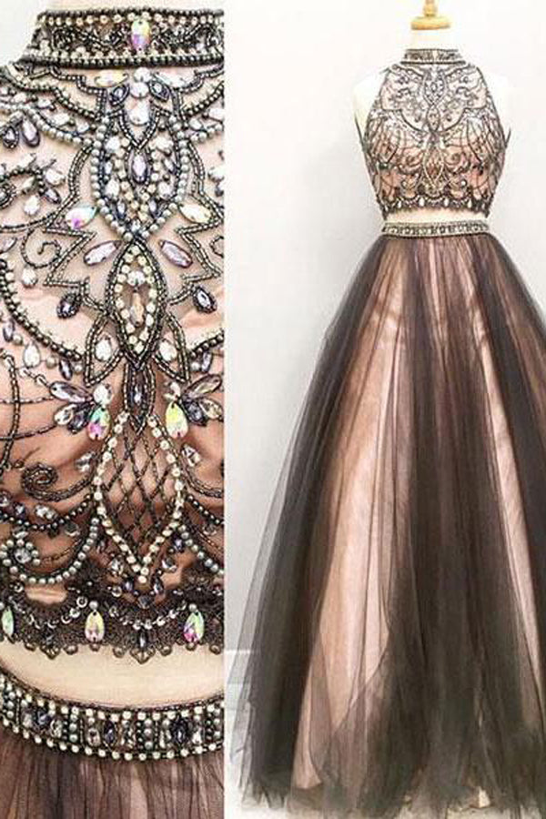Two Piece Halter High Neck Beaded A-line Top Tulle Long Prom Dresses PL256