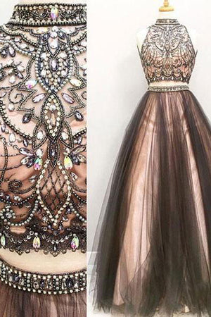 Two Piece Halter High Neck Beaded A-line Top Tulle Long Prom Dresses PL256