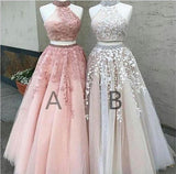 Two-pieces Floor-length Sleeveless High-neck Elegant Long Prom Dresses at promnova.com