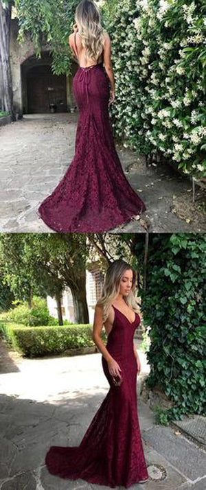 Red Lace Spaghetti Straps Mermaid Long Prom Dresses,Evening Dress at promnova.com