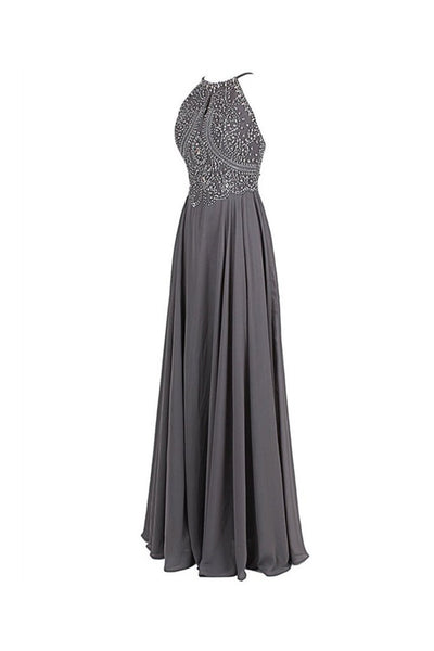 Cheap Gray Chiffon Backless Sleeveless Long Evening Prom Dress With Beading  – Promnova