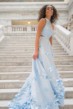 Two Piece Light Sky Blue Sleeveless Round Neck Flowers Appliques Prom Dress |www.promnova.com