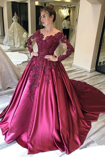 Burgundy Long Sleeves Floral Embroidery Prom Dresses With Court Train PL392 | Promnova Burgundy Long Sleeves Floral Embroidery Prom Dresses With Court Train PL392 | Promnova