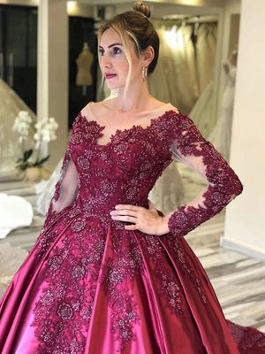 Burgundy Long Sleeves Floral Embroidery Prom Dresses With Court Train PL392 | Prom Dresses Burgundy | Long Sleeve Prom Dresses | Lace Prom Dresses | Prom Dresses Near Me | Prom Dresses Store | Promnova