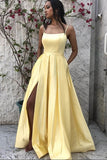 Cute Satin A-line Scoop Neck Split Long Prom Dresses with Pockets PL395