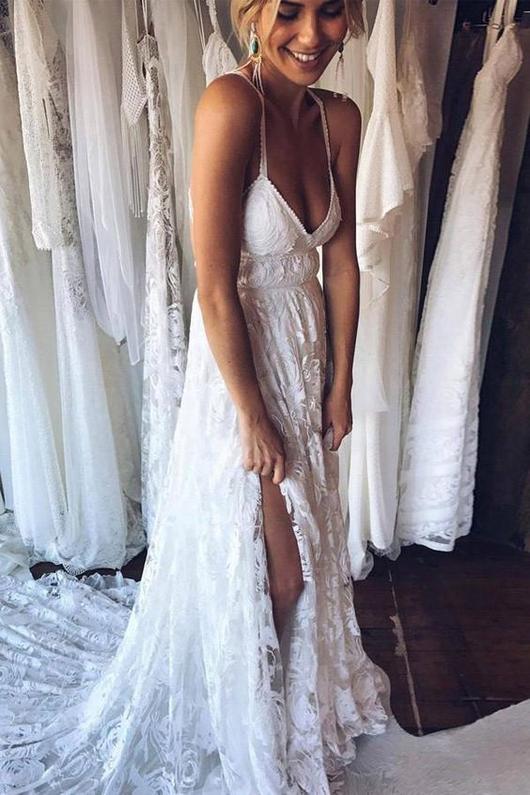 Spaghetti Straps Lace Criss-Cross Straps Wedding Dresses With Sweep Train PW179 | wedding dresses | bridal dresses | wedding gowns | wedding dresses lace | boho wedding dresses | Promnova