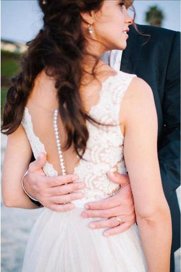 Lace Deep V Neckline Beach Wedding Dresses, Cheap Long Wedding Gowns, PW101