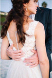 Lace Deep V Neckline Beach Wedding Dresses, Cheap Long Wedding Gowns, PW101