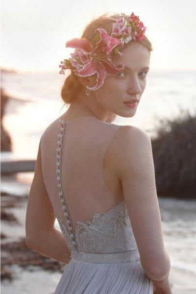 lace illusion back chiffon wedding dress Straps Plunging Pleated Chiffon Long Train Wedding Dress Light Ivory / No / Court Train