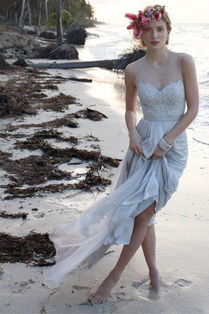 Lace Beach Wedding Dress,Illusion Neckline Sheer Back  Chiffon Bridal Gown, PW110