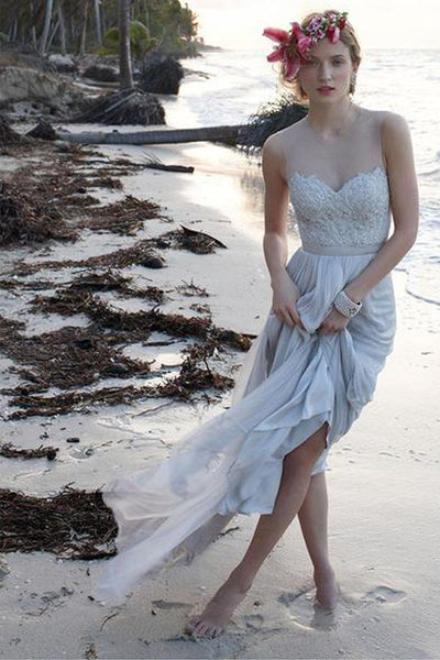 Illusion Neckline Sheer Back Beach Lace Chiffon Wedding Dress US10 / As Picture Illusion Neckline Sheer Back Beach Lace Chiffon Wedding Dress US10 / As Picture