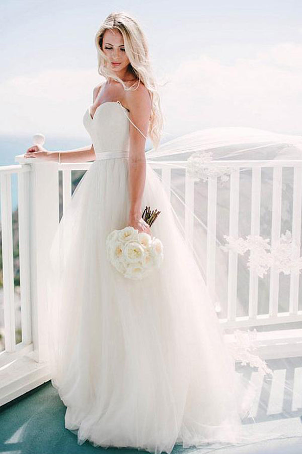 A-line Tulle Spaghetti Straps Ivory Wedding Dresses,Beach Wedding Gowns, PW114