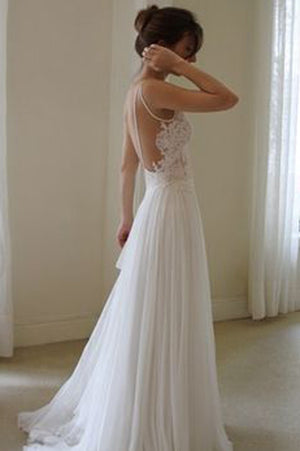 Open Back Sweetheart Spaghetti Beach Wedding Wedding Dress with Appliques, PW115