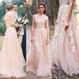 Pink Tulle Charming Sexy V-neck Lace Long Sheath Wedding Dresses, PW117
