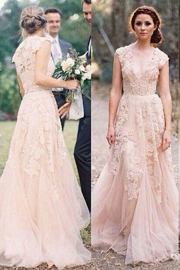 Pink Tulle Charming Sexy V-neck Lace Long Sheath Wedding Dresses, PW117
