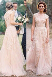 Pink Tulle Charming Sexy V-neck Lace Long Sheath Wedding Dresses, PW117