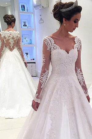 Fabulous White A Line Satin Long Sleeves Wedding Dresses with Appliques, PW129