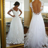 Charming White Open Back Long Wedding Dress with Appliques, PW130