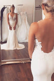 White Mermaid Sleeveless Sweep Train Open Back Wedding Dress with Appliques, PW134
