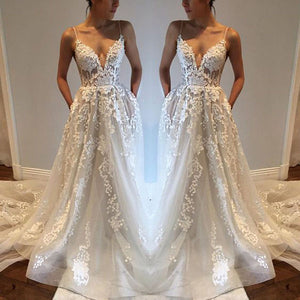 Sexy Open Back Spaghetti Straps V-neck Beach Wedding Dresses with Sweep Train, PW135