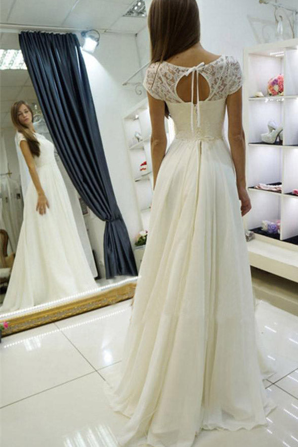 Ivory Bateau Sweep Train Cap Sleeves Wedding Dresses with Lace, PW136