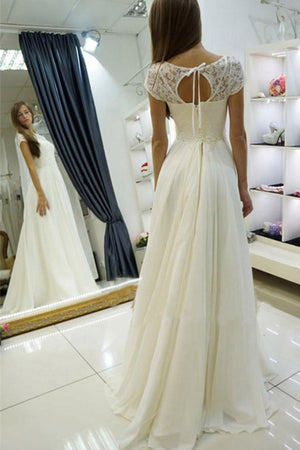 Ivory Bateau Sweep Train Cap Sleeves Wedding Dresses with Lace, PW136