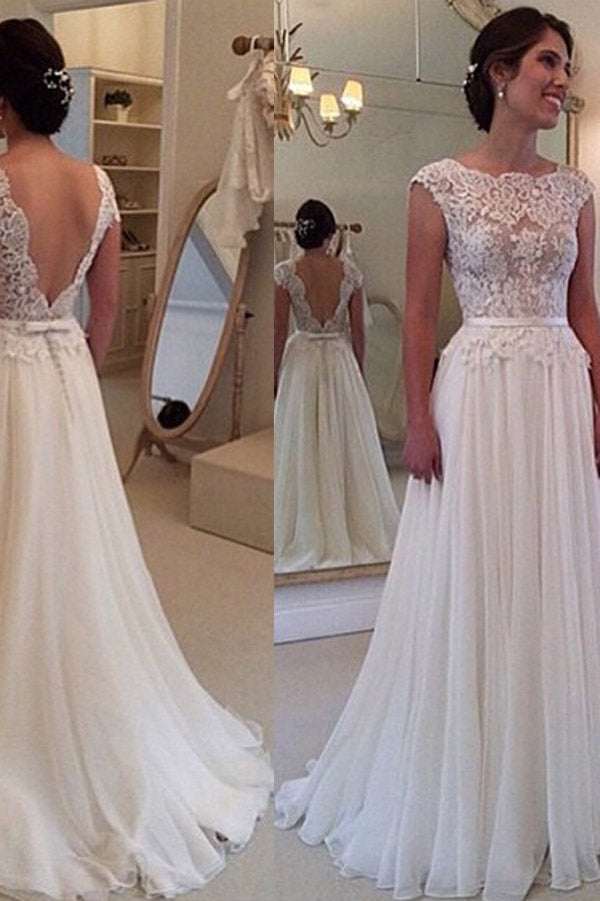 Chiffon Beach Wedding Dress, A Line Backless Lace Wedding Gowns, PW140