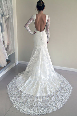 Lace Mermaid Bridal Dress, Backless Trumpet Long Sleeves Wedding Gown, PW146