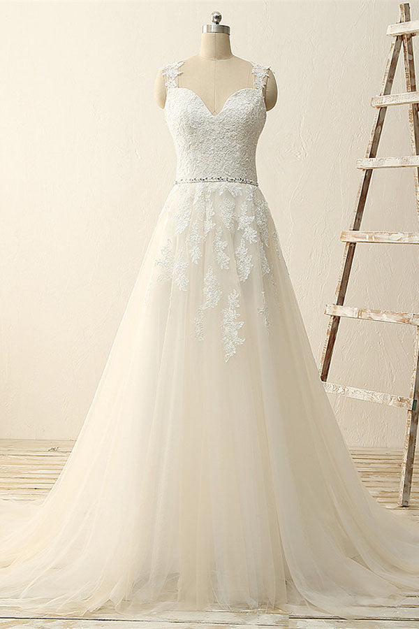 Beautiful A Line Lace Modest Handmade V-Neck Wedding Dresses with Appliques, PW149