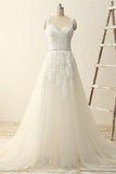 Beautiful A Line Lace Modest Handmade V-Neck Wedding Dresses with Appliques, PW149