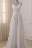 White Chiffon V Neck Straps Wedding Dresses with Sweep Train, PW154