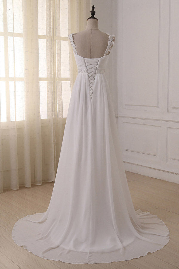 White Chiffon V Neck Straps Wedding Dresses with Sweep Train, PW154