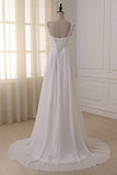 White Chiffon V Neck Straps Wedding Dresses with Sweep Train, PW154