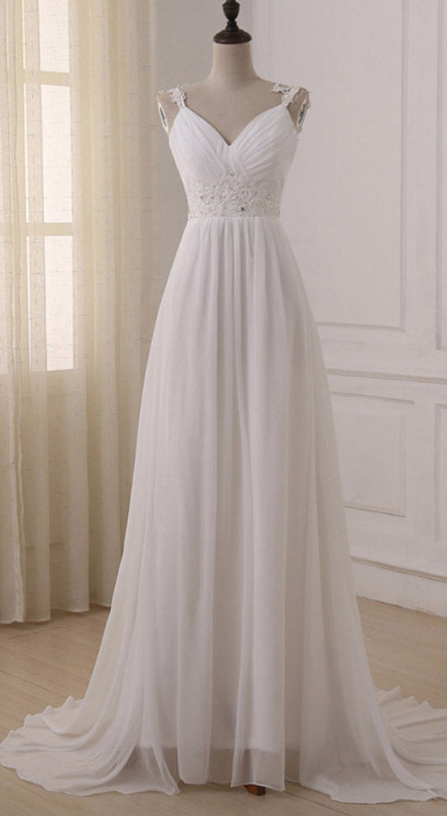 White Chiffon V Neck Straps Wedding Dresses with Sweep Train, PW154
