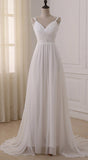 White Chiffon V Neck Straps Wedding Dresses with Sweep Train, PW154
