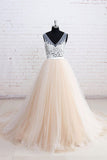 Tulle V-neck See through Bodice Wedding Dresses with Chapel Train, PW156