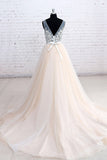 Tulle V-neck See through Bodice Wedding Dresses with Chapel Train, PW156