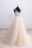 Tulle V-neck See through Bodice Wedding Dresses with Chapel Train, PW156