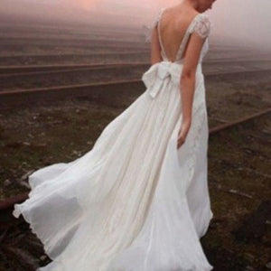 Chiffon Cap Sleeves A Line V Neck Backless Wedding Dress with Appliques, PW161