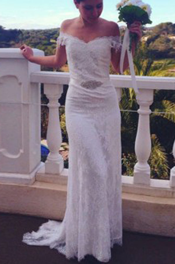 Mermaid Backless V Neck Lace Cap Sleeves Wedding Dress with Appliques, PW163