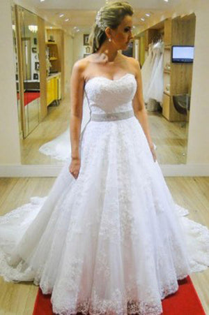 Sweetheart Organza Court Train A Line Wedding Dress with Appliques Beading, PW164