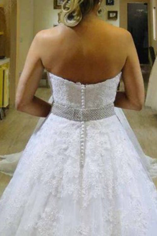 Sweetheart Organza Court Train A Line Wedding Dress with Appliques Beading, PW164