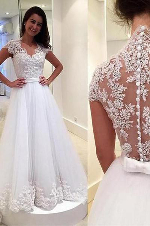 See Through Back V Neck Lace Cap Sleeves Wedding Dress, PW170