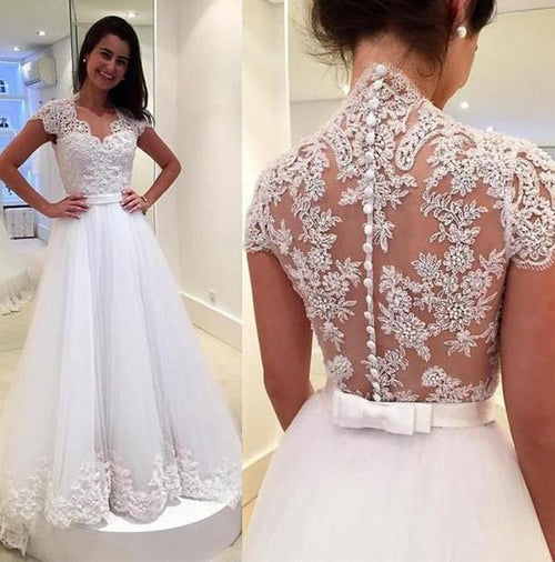 See Through Back V Neck Lace Cap Sleeves Wedding Dress, PW170
