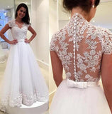 See Through Back V Neck Lace Cap Sleeves Wedding Dress, PW170