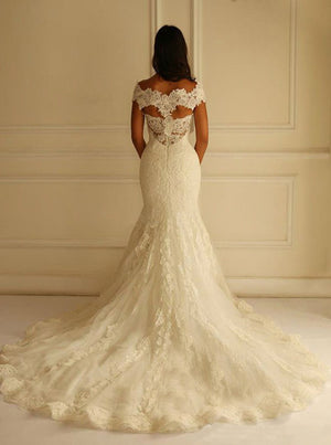 Special Off Shoulder Short Sleeves Mermaid Lace Wedding Dress with Appliques, PW172