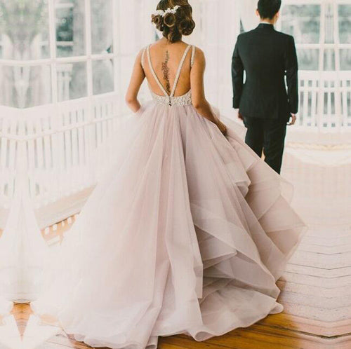 knee length dresses for ladies Tulle A-line V-neck Backless Boho Wedding Dresses With Lace Appliques, MW901 main image 1