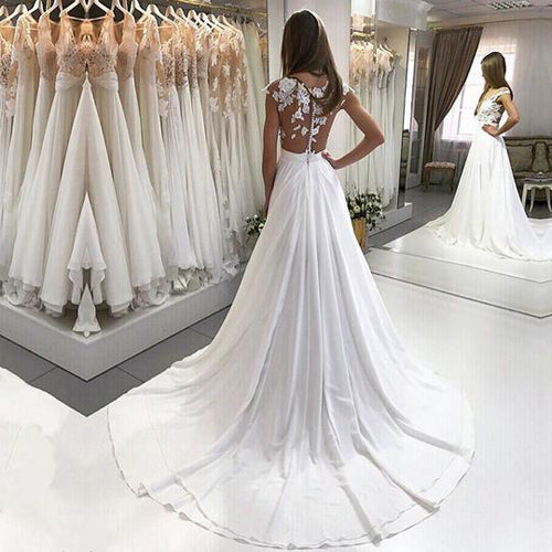 Boho Chic Long Chiffon Lace Beach Wedding Dresses With Appliques, PW177