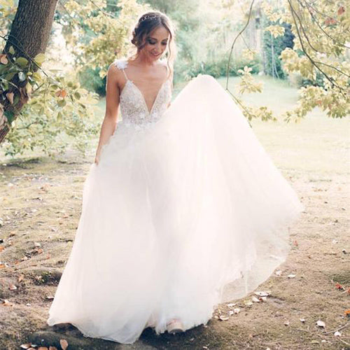 Boho Chic Pearl Beading V-neck Tulle Wedding Dresses With Appliques Custom Size / As Picture Boho Chic Pearl Beading V-neck Tulle Wedding Dresses With Appliques Custom Size / As Picture