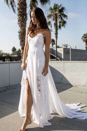White Lace Chiffon A-line Spaghetti Strap Beach Wedding Dresses PW187